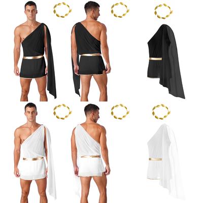 Mens One Shoulder Greek God Costume Skirted Bodysuit Gold Leaves Garland Headwear Halloween Cosplay Set