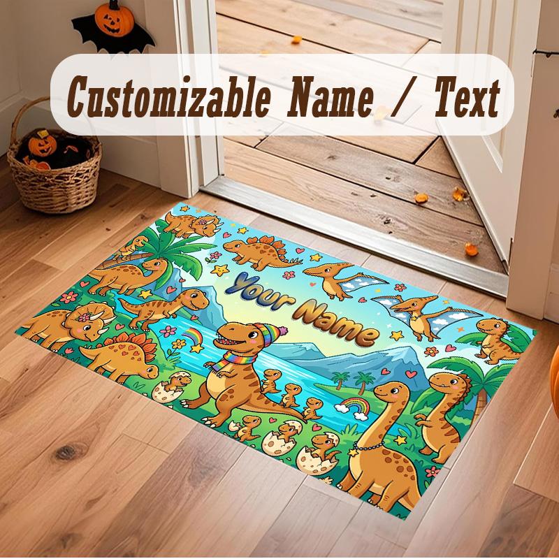 Dinosaur Theme Soft Crystal Velvet Rug Custom Name & Text Print Non Slip Floor Rug for Bedroom Living Room