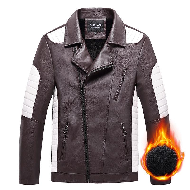 Leather Jacket Men's Slim Pu Leather Jacket Fashion Motorcycle Leather Jacket Plus Velvet Casual Thickened Men's Lapel Contrast Color Leather Jacket