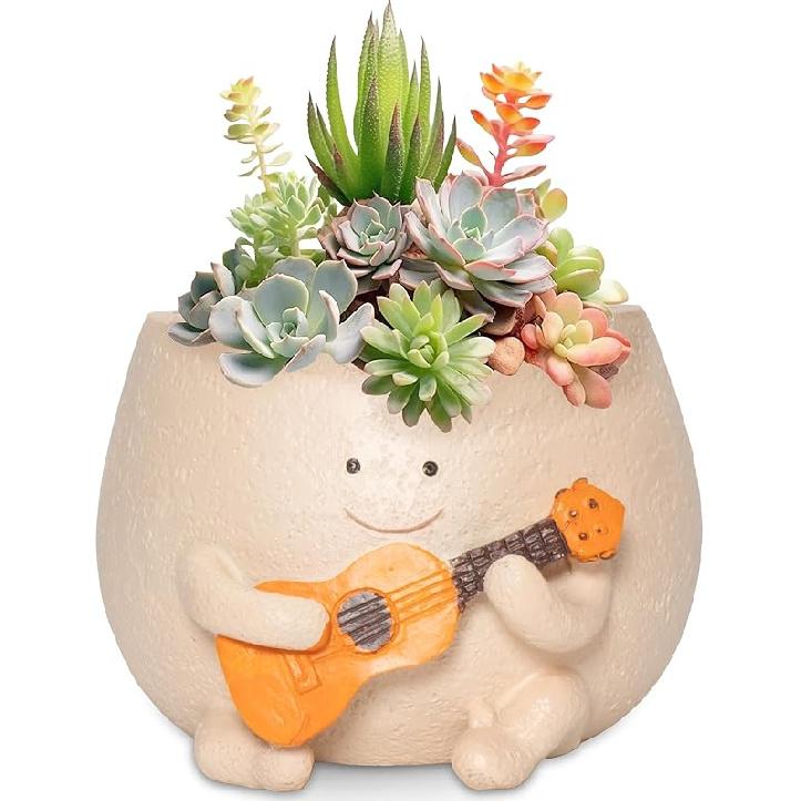3 Inch Cute Small Succulent Pots, Smiley Face Planter Pots with Drainage Hole, Funny Skateboarding Planter for Indoor Outdoor, Resin Flower Pot, Guitar