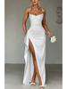 Abito Lungo Elegante Monocolore con Spalline Sottili, Spacco Laterale e Spalle Scoperte per Donna Estate 2026