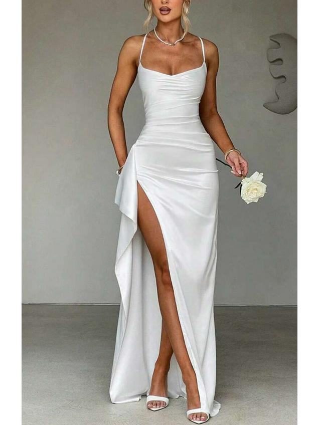 2026 Summer Elegant Solid Color Strappy Long Split Open Shoulder Dress for Women S белый