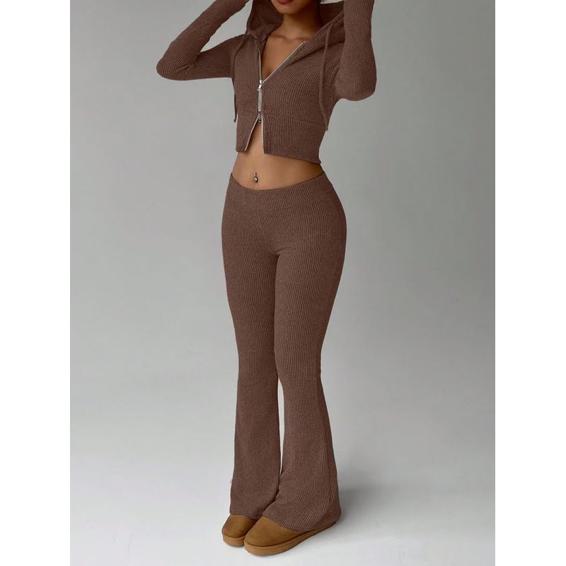 Western Style New Solid Slim fit Zip-up hood Top Casual Pants Two-piece Set Top and Pants Set