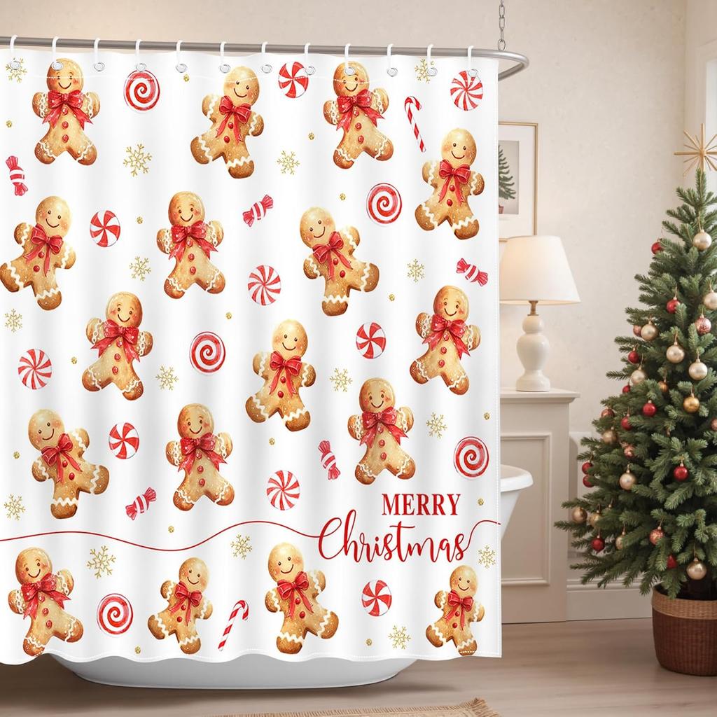 Merry Christmas Shower Curtain For Bathroom Cute Gingerbread Man Snowflake Shower Curtain For Christmas Bathroom Decorwaterproof