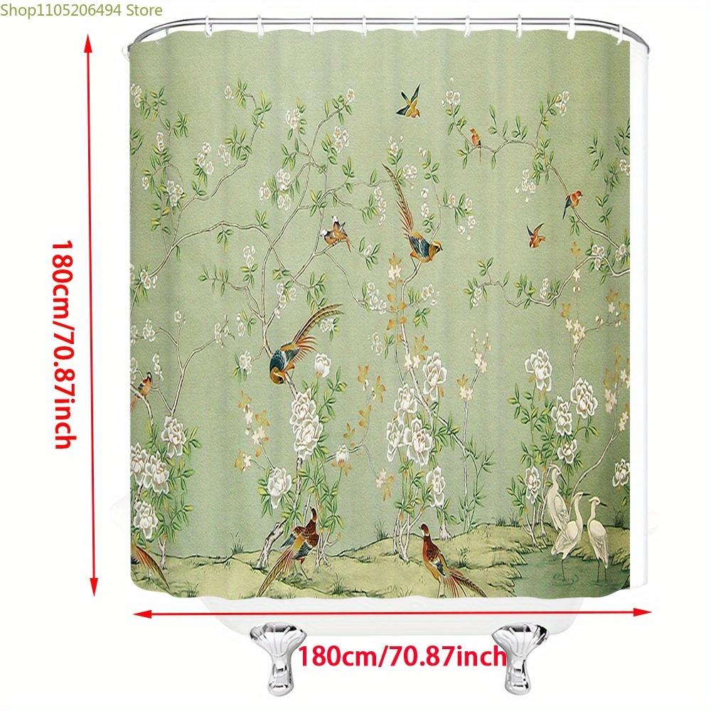 1pc Vintage Floral Shower Curtain with Birds and Blossoms, Soft Green Polyester Fabric, Fashionable Woven Bathroom Decor, Mach