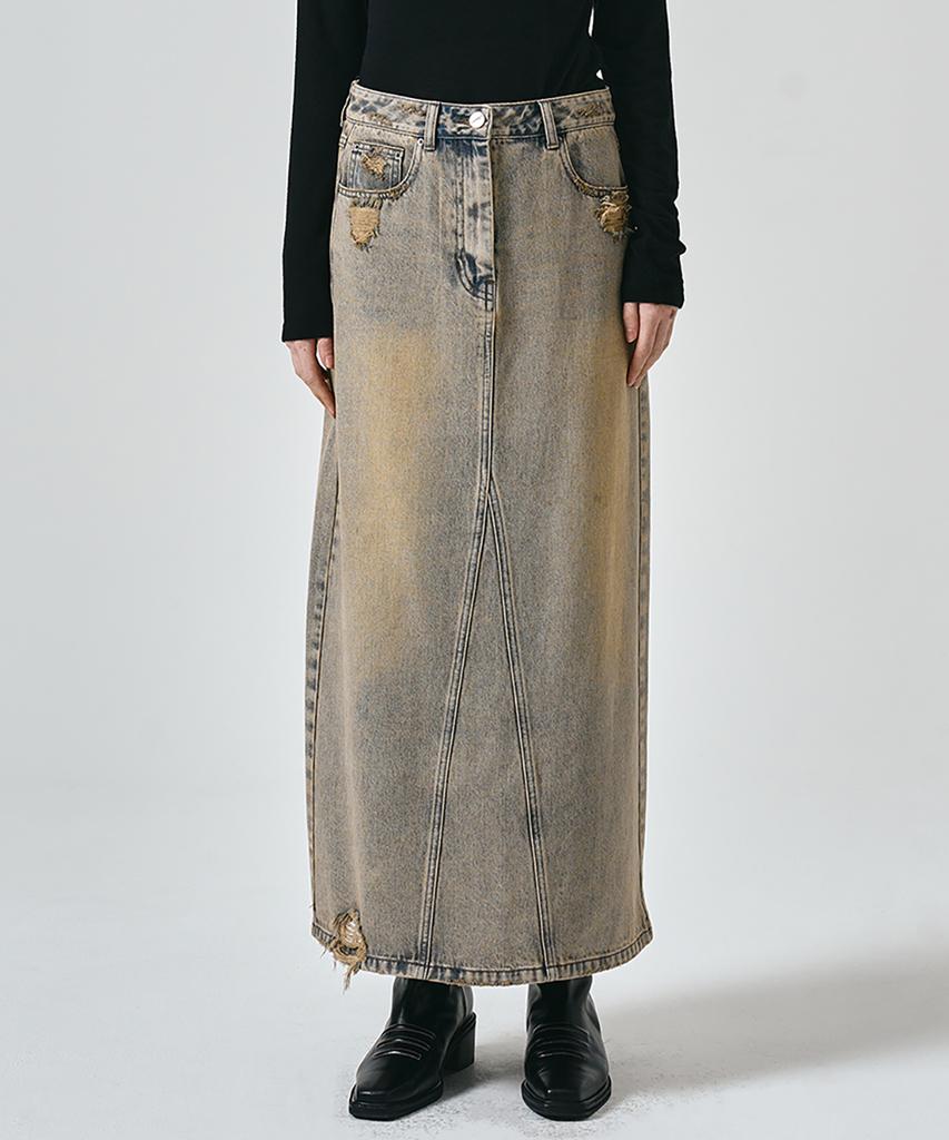Noir For Woman Dirty Washed Distressed Long Denim Skirt (Dusty Gray)