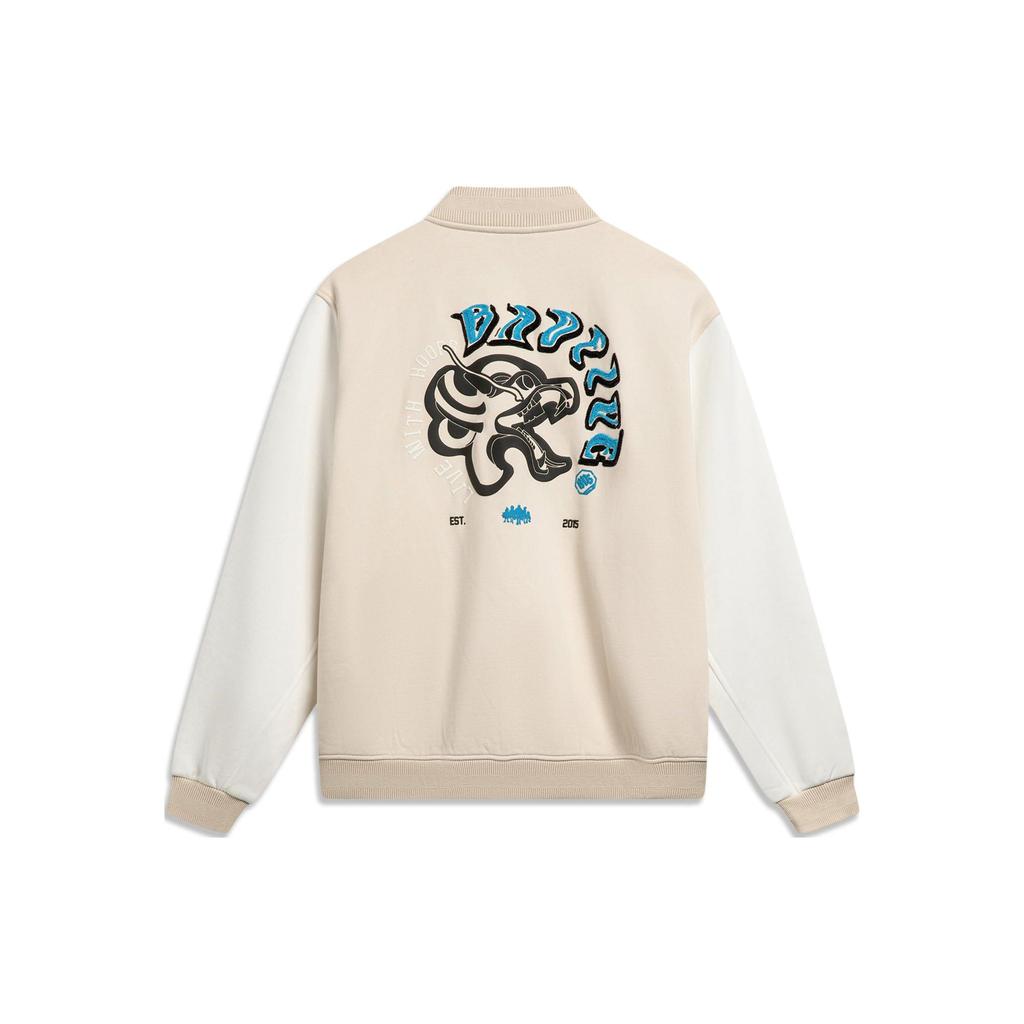 Li Ning Basketball Series American Vintage Letter Print Baseball Collar Fleece Jacket Men Jackets Gravel-Gray AJDU007-4