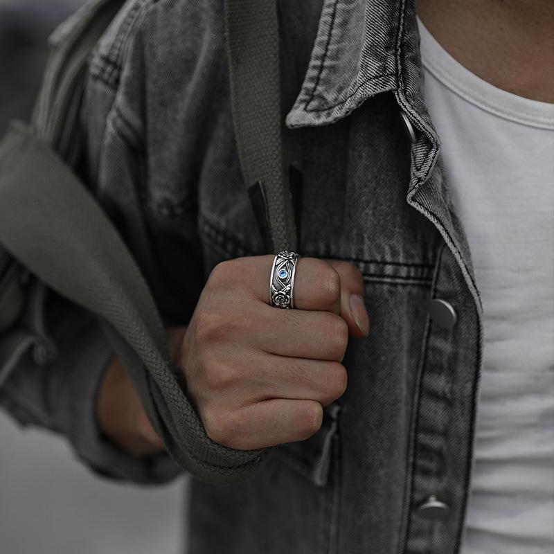 Retro Niebieski Pierścionek z Okiem Horusa i Różą Dla Mężczyzn Stop Cynku Kolor Punk Gotycki Regulowany Pierścionek Ręcznie Robiony Unisex Cyrkon Akcesoria Prezent dla Kochanków
