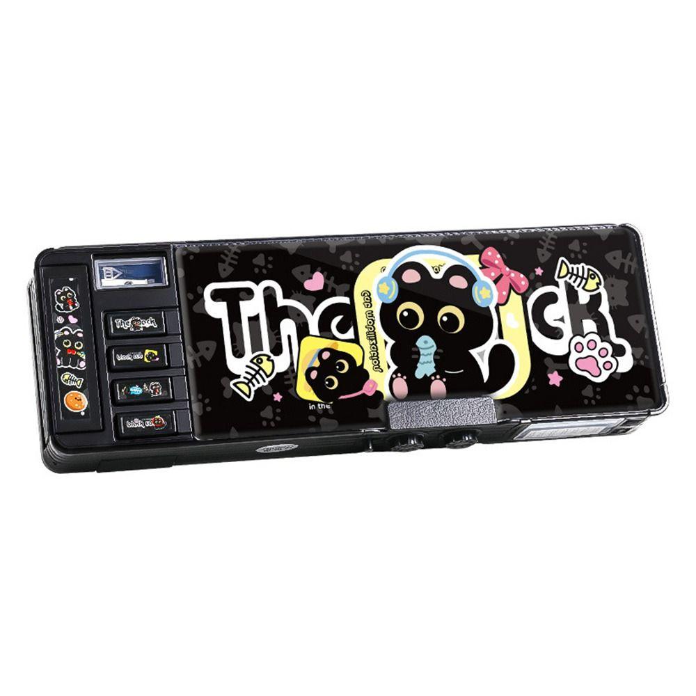 Dual Password Pencil Case Multi-functional Double Sides Stationery Box Large Capacity Black Kitten Pencil Box School Supplies