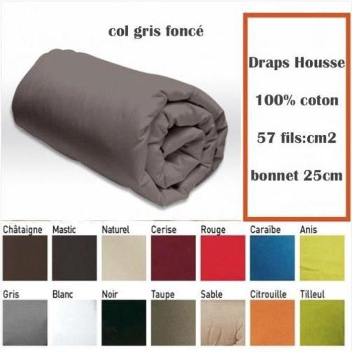 Drap Housse - PUR COTON - Gris Foncé - 90x190 cm - 140x190 cm - Bonnet 25 cm