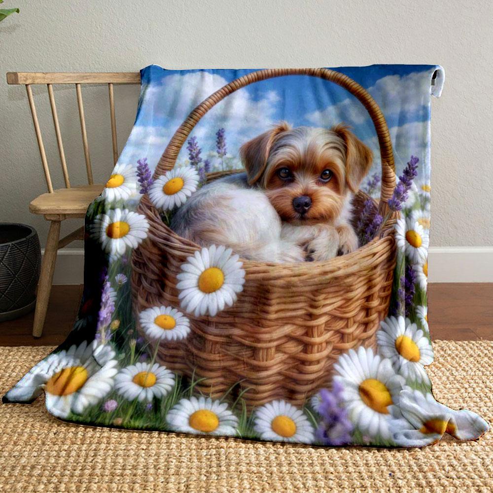6 Styles Yorkshire Terriers and Flowers in A Basket Print Blanket Home Travel Camping for Adults and Kids Luxury Gifts