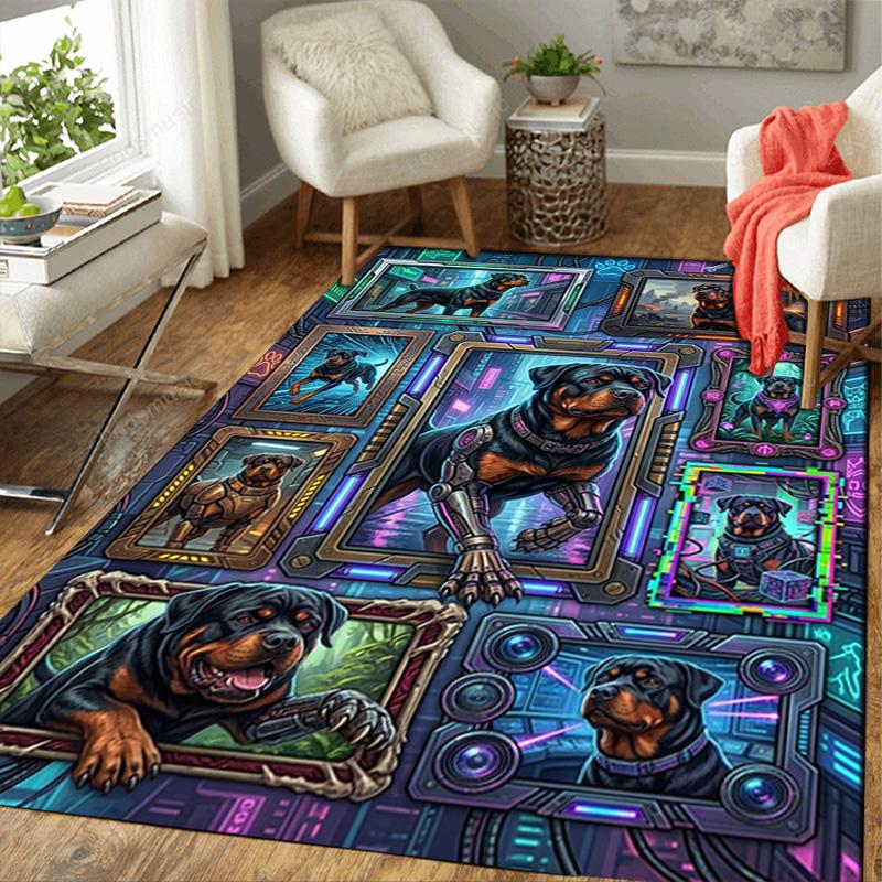 Cybernetic Rottweiler Portraits Pattern Rug Floor Mat for Living Room or Bedroom Soft and Comfortable Carpet a Gift for Birthday and Holiday.