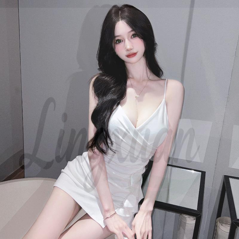 Spicy Girl V-Neck Ruffled Bodycon Dress with Irregular Pleats L белый