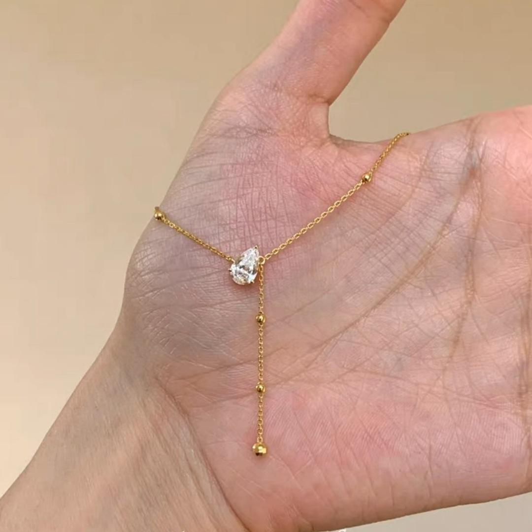 French Pigeon Egg Thousand Gold Y-shaped Water Drop Tassel Necklace Super Flash Zircon Gentle Niche Premium Sense Clavicle Chain 2026 45CM