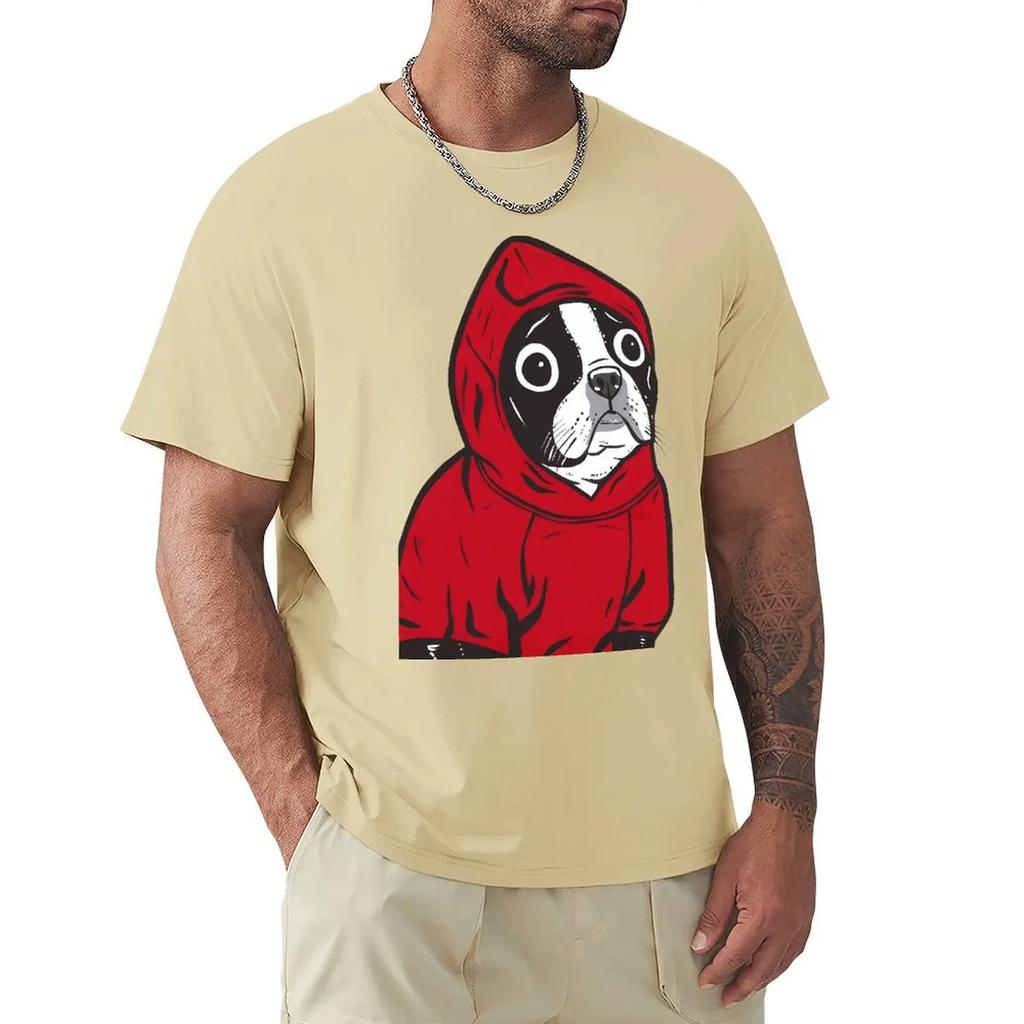 Funny Boston Terrier In A Red Hoodie French Bulldog T-Shirt Men O Neck Pure Cotton T Shirts Funny Dogs Tees Clothing