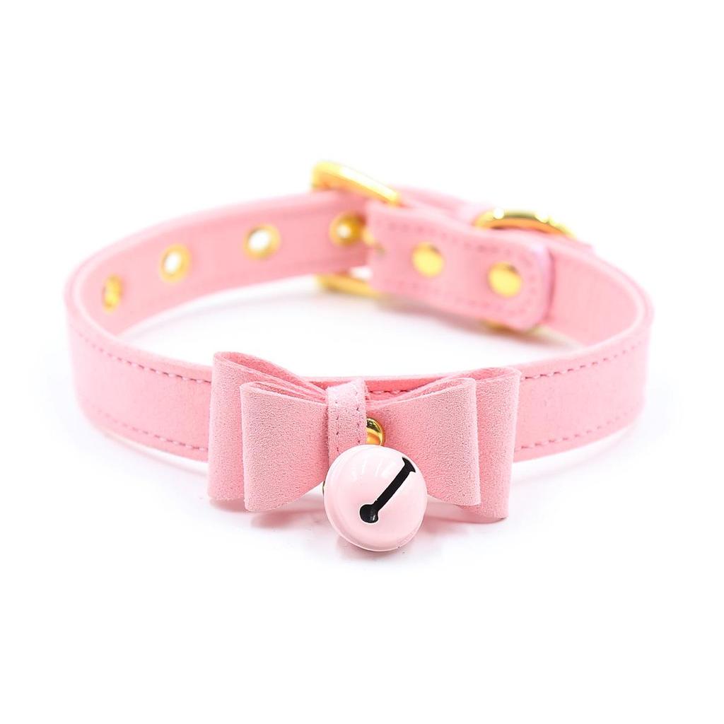 Pink & Black Bow Tie Collar with Bell and Gold Pin Buckle