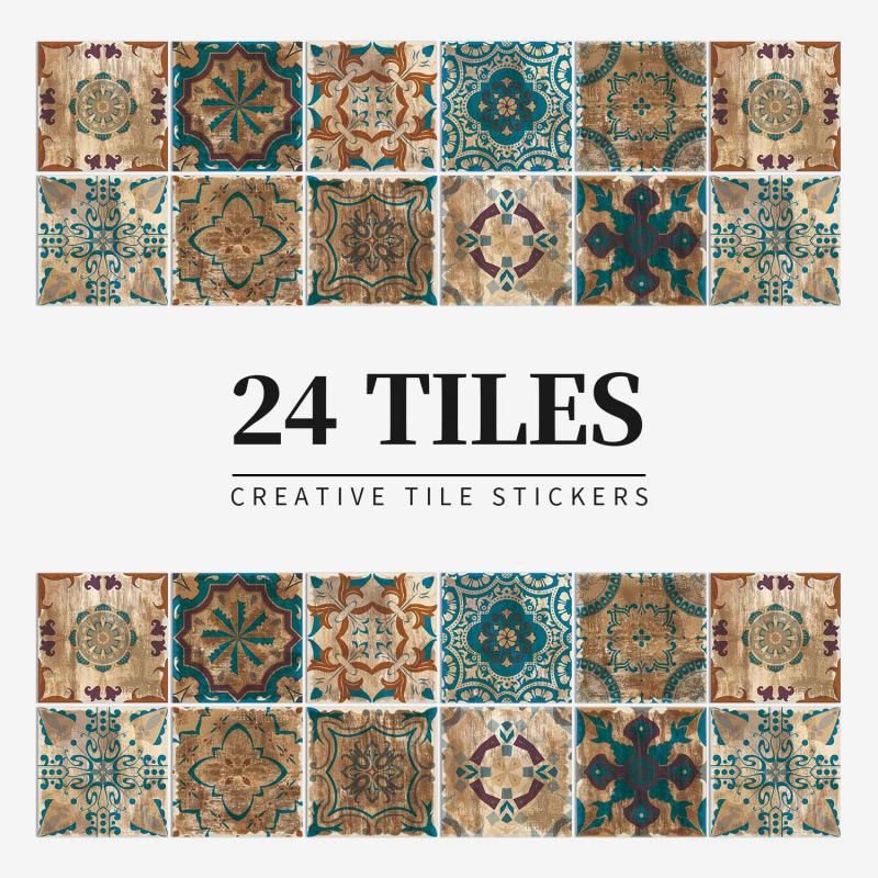 24 European Mandala Flower Tile Stickers: Waterproof, Self-Adhesive PVC for Kitchen & Bathroom Walls