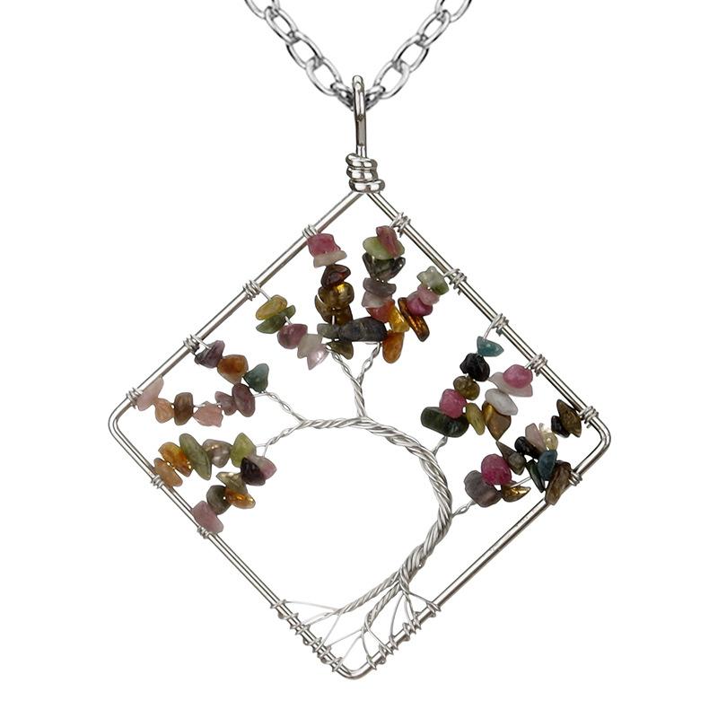 Wrapped Colorful Natural Stone Crystal Square Curved Tree Of Life Pendant Necklace N08 Fresh And Sweet