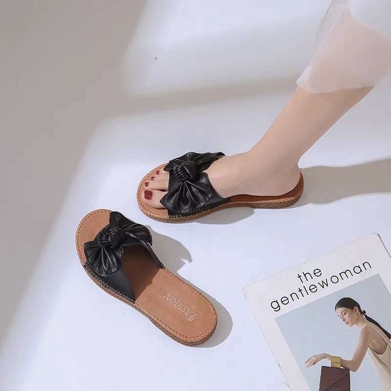 Brand broken size slippers women's bow flat bottom 2025 soft bottom non-slip beef tendon fashion maternity summer sandals