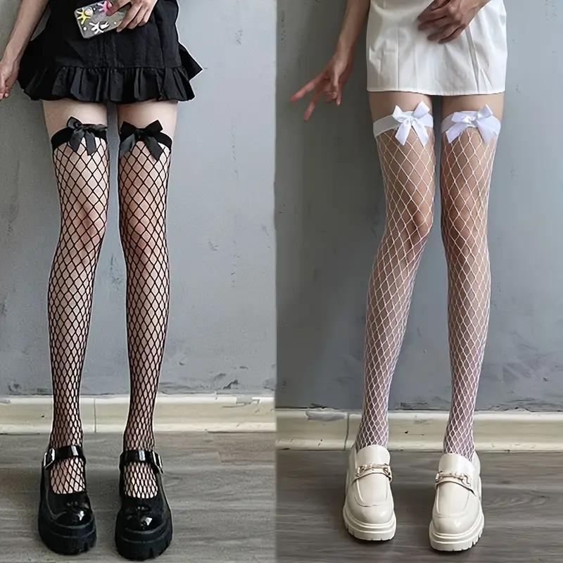 Black White Sexy Overknee Long Socks Women Sweet Girls Lolita Bowknot Thigh High Fishnet Stockings Gothic Punk Lace Mesh Legging