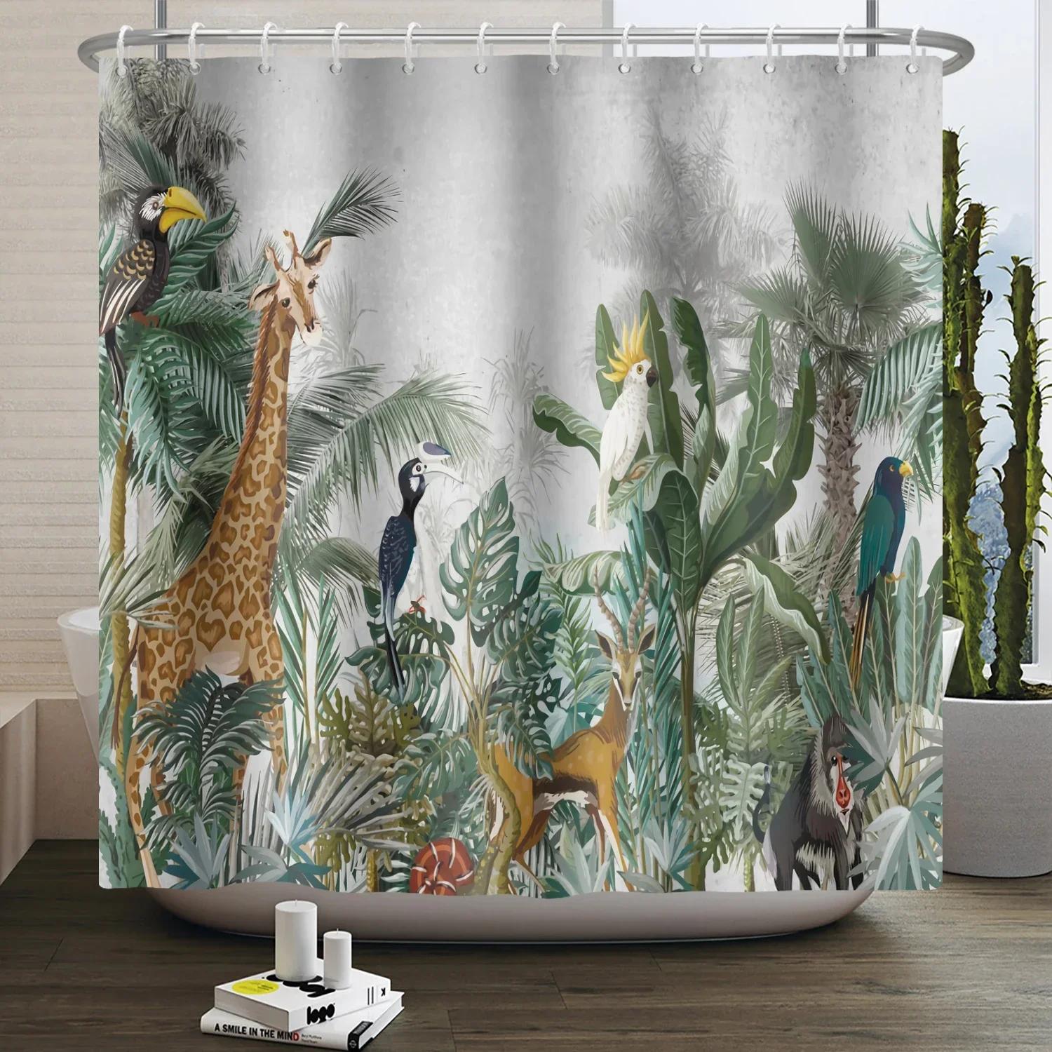 

Forest Animals Shower Curtain Jungle Trees Plant Wildlife Bird Bear Fox Deer Modern Minimalist Bathroom Shower Curtain W60H190(CM)-1 Pcs