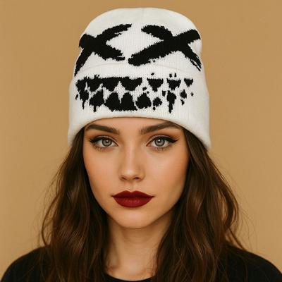 Streetwear Y2K Knitted Hat Halloween Brimless Beanie Cap Fashion Black White Pullover Cap  Gifts