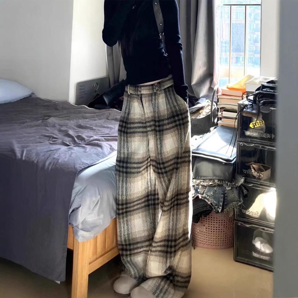 Women's Retro Plaid Wool Wide-Leg Pants for All Seasons