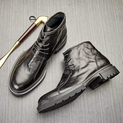 Men'S Casual Fashion Medium Boots Fashion Round Head Lace-Up Tooling Boots Leather Chelsea Boots Martin Boots