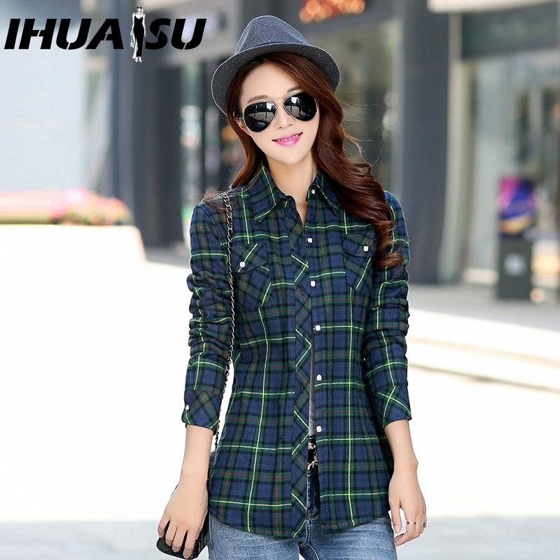 

IHUASU Женские модные повседневные блузки и рубашки с длинным рукавом и воротником поло L зелёный/синий