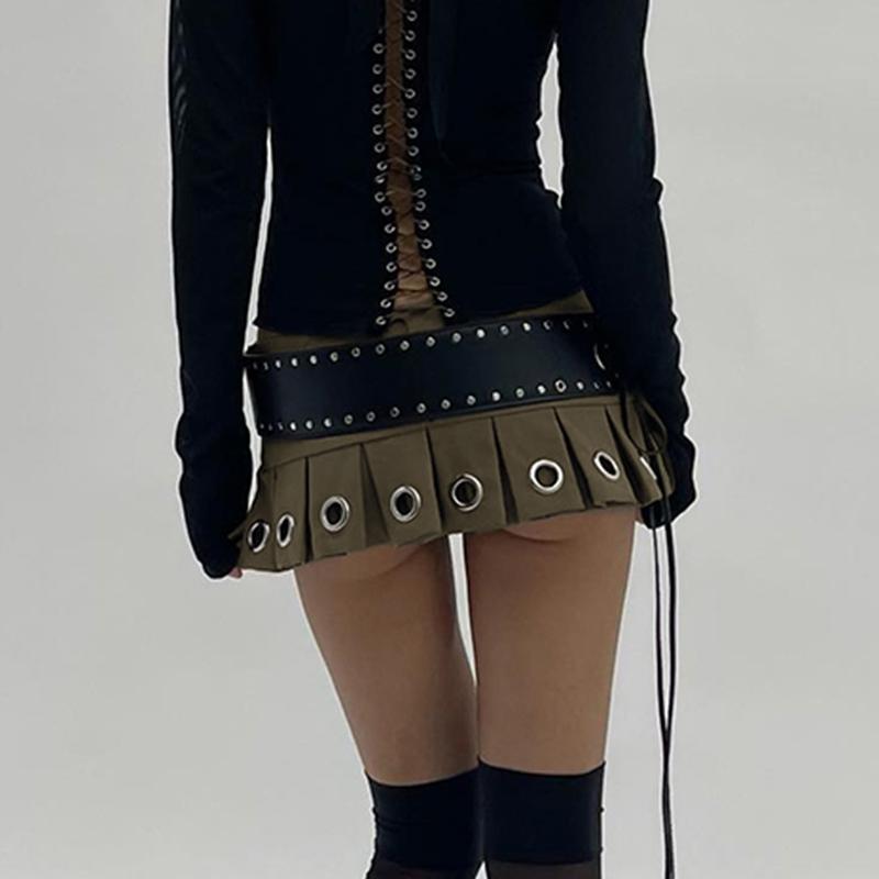 Women's Clothes Retro Punk Low Waist Y2k Mini Pleated Skirt With PU Belt Summer Sexy Super Short Skirt Vintage Streetwear Skinny