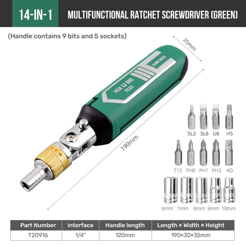 

14 in 1 Ratchet Screwdriver Set Portable Hand Repair Tool Universal Dual-purpose Screwdriver Multi-function Screwdriver Bit Set зелений