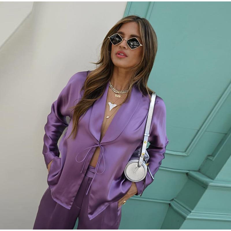 Casual Long Sleeved Commuting Suit Elegant Women V Neck Lace Up Top Pants Outfit 2025 Spring Summer High Street Satin Two Piece Set
