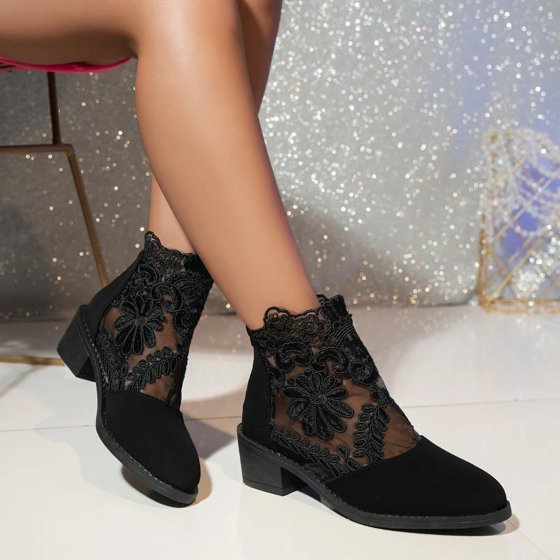 Women Boots Spring Summer Shoes Women Retro Embroidery Elegant Round Head Lace Short Boots Zapatos De Mujer