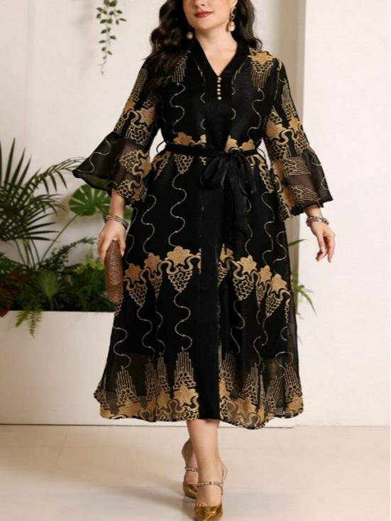 Plus Size Women s Black & Gold Print Long Bell Sleeve Lace-Up Dress - Muslim Style 4XL чёрный