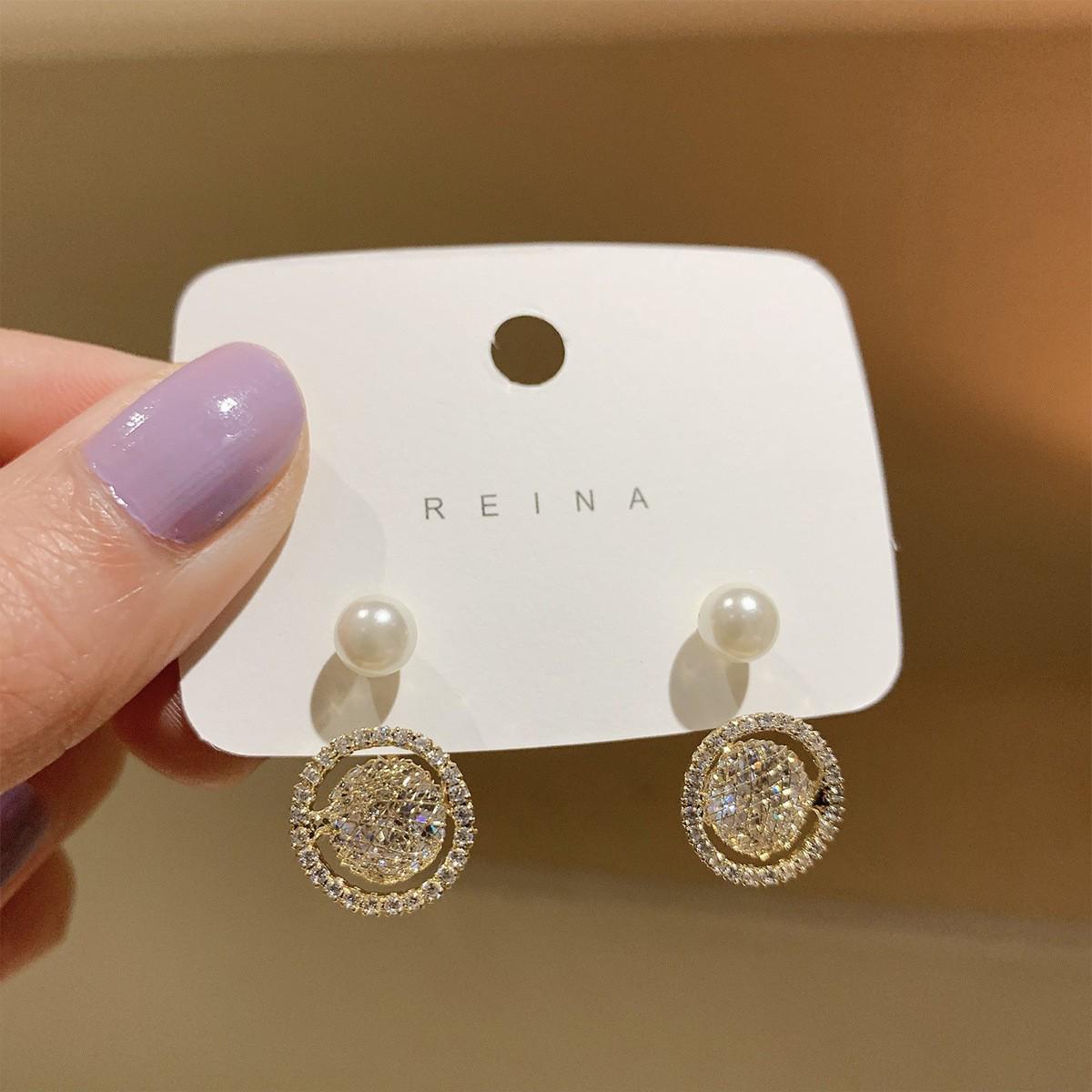 Elegant French Zircon Pearl Earrings: Round Mesh Design for Women