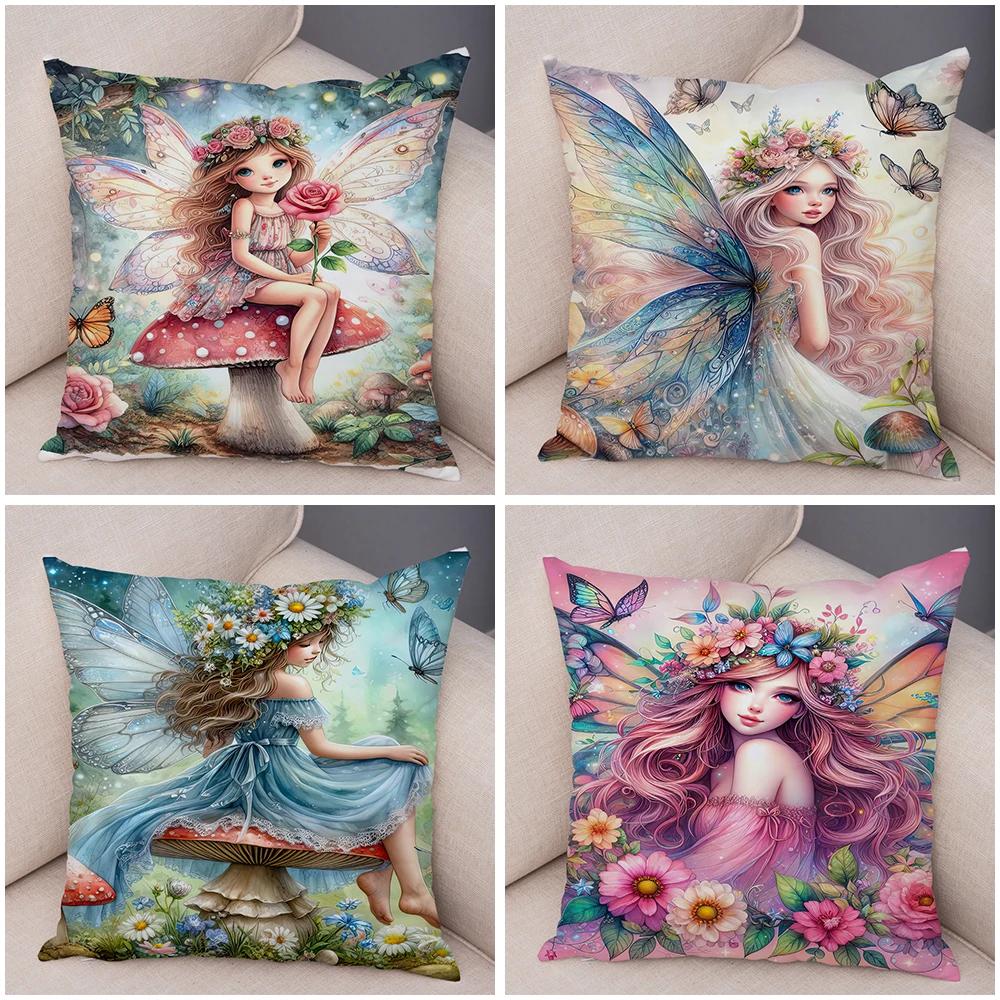 Niedlicher Cartoon Waldmädchen Elfen Kissenbezug Doppelseitig bedruckter Kissenbezug Deko für Sofa Zuhause Superweicher Plüsch Kissenbezug 40x40cm