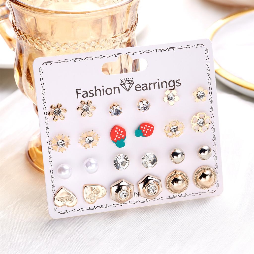 12Pairs/Set Fashion Geometric Stud Earrings Set For Women Love Heart Bowknot Rose Flower Star Moon Pearl Earrings Party Jewelry