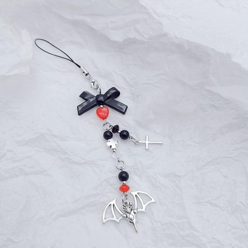 Halloween Gothic Punk Bat Phone Charm for Women Men Cross Pendant Mobile Phone Chain Y2K Bowknot Heart Lanyard Keychain
