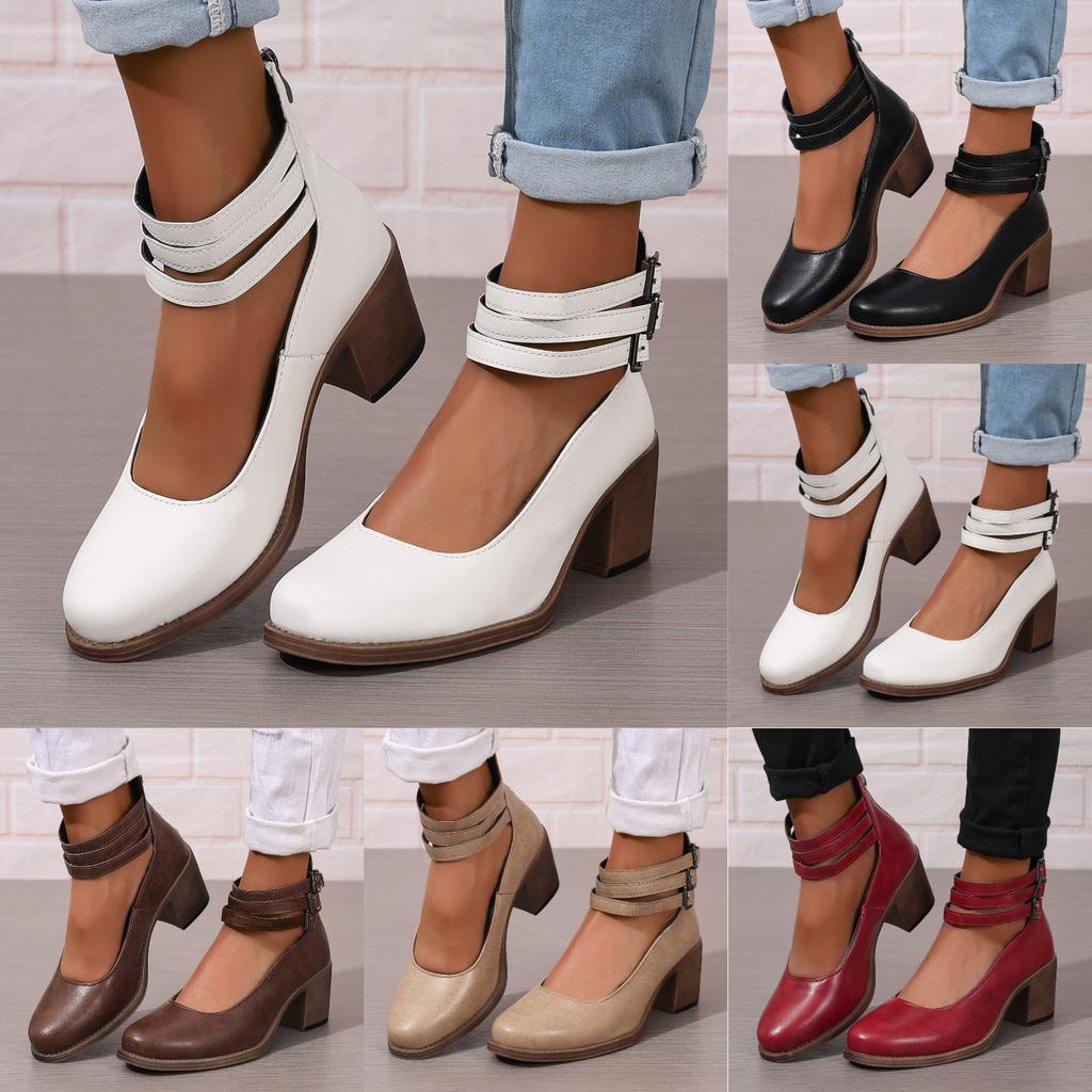 Mary Pumps, Vintage Mary Janes Heels Chunky Round Toe Mary Shoes With Adjustable Buckles Back Zipper