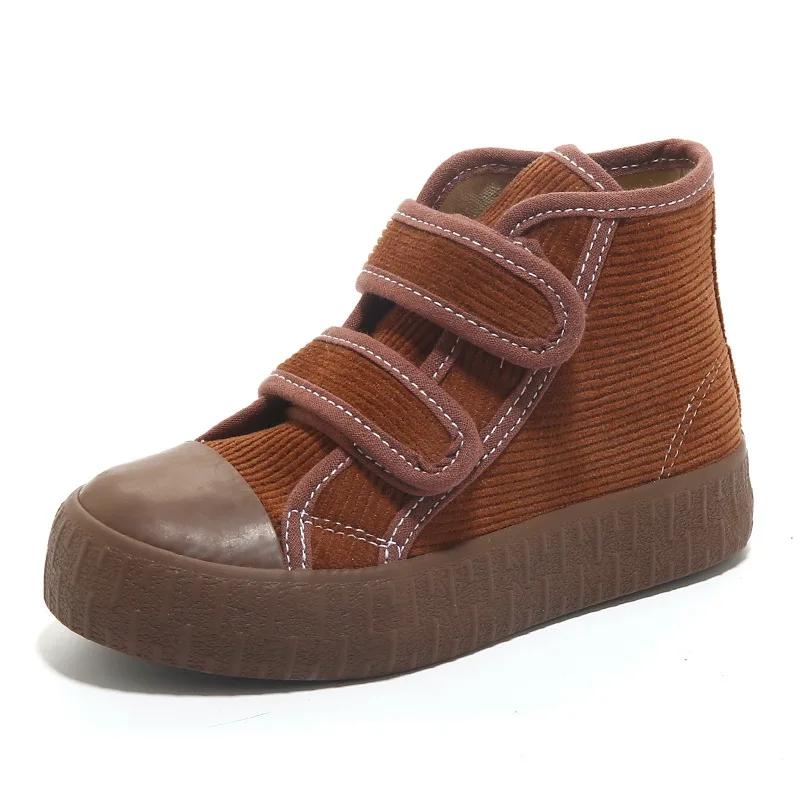 

Fashion Hook&Loop Soft Corduroy Kids Sneakers School Casual All-match Children Girl Shoes High Top Autumn Boys Boots E08051 25 коричневый