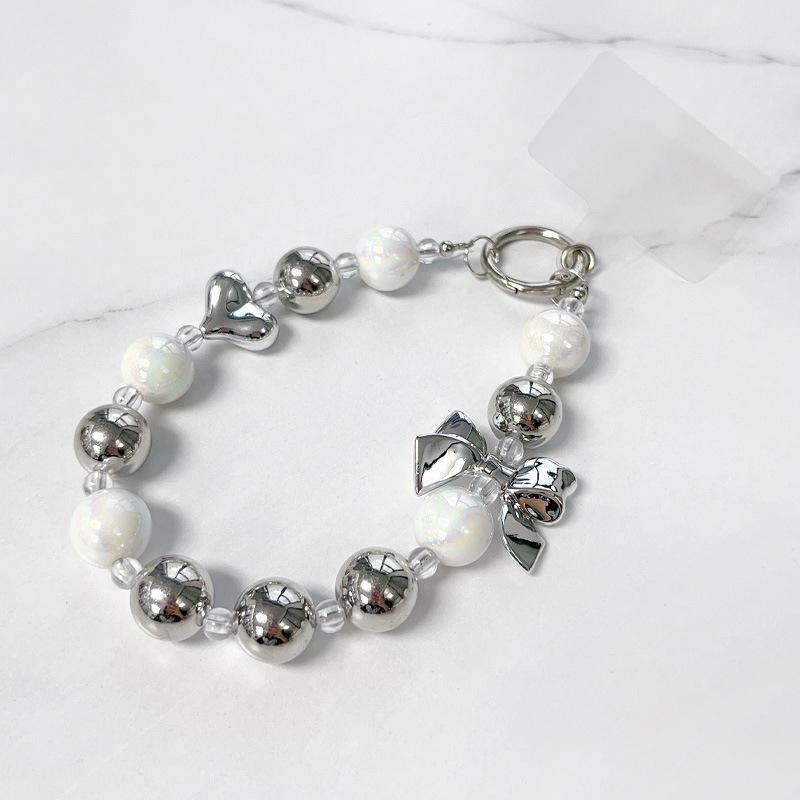 Y2K Silver Bow Beaded Phone Case Lanyard Stylish Bead Phone Chain Wrist Band Anti Lost Phone Strap Earphone Pendant Keychain