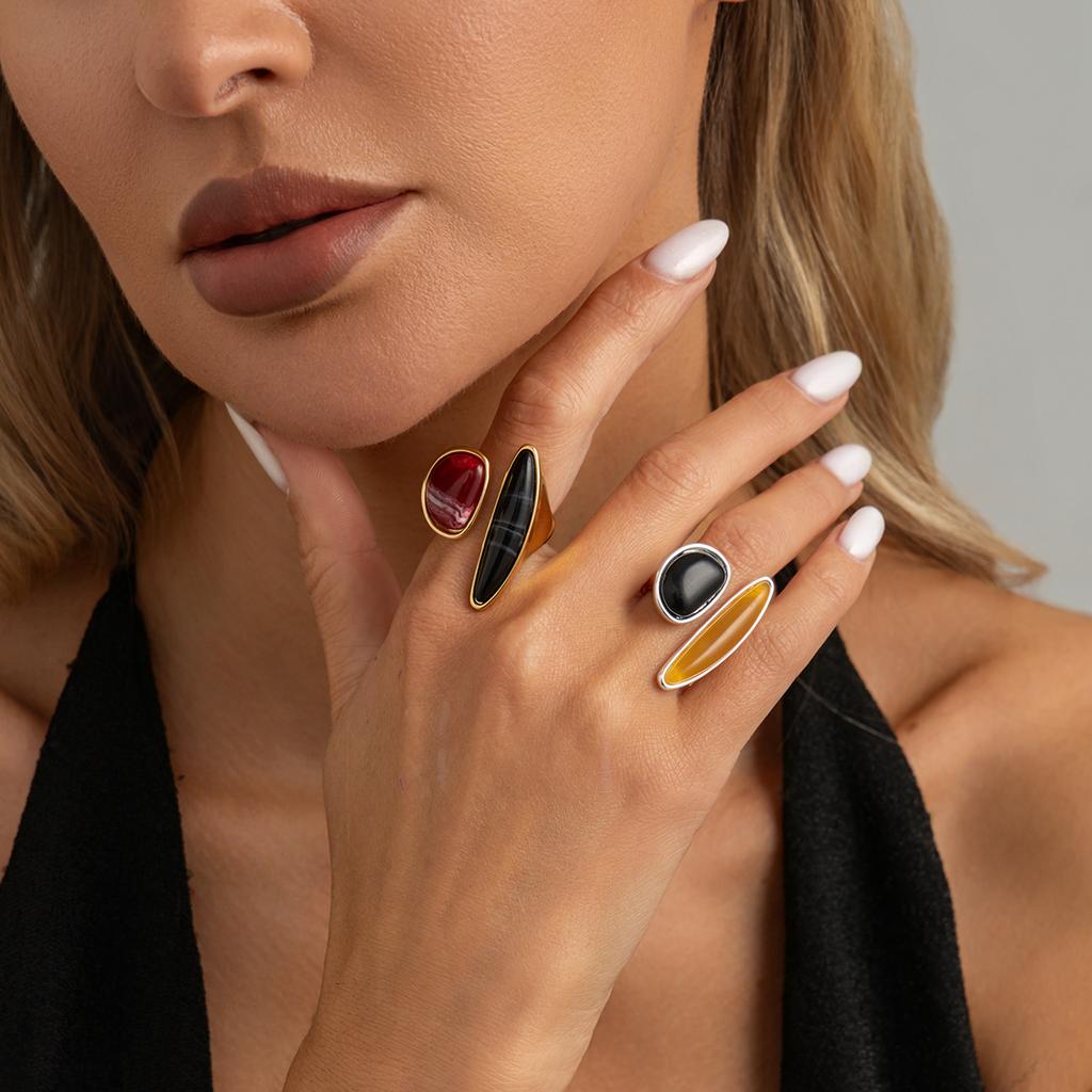 Ingemark Vintage Inlaid Resin Acrylic Open Ring for Women Elegant Irregular Geometry Adjustable Knuckle Ring Daily Wear Jewelry