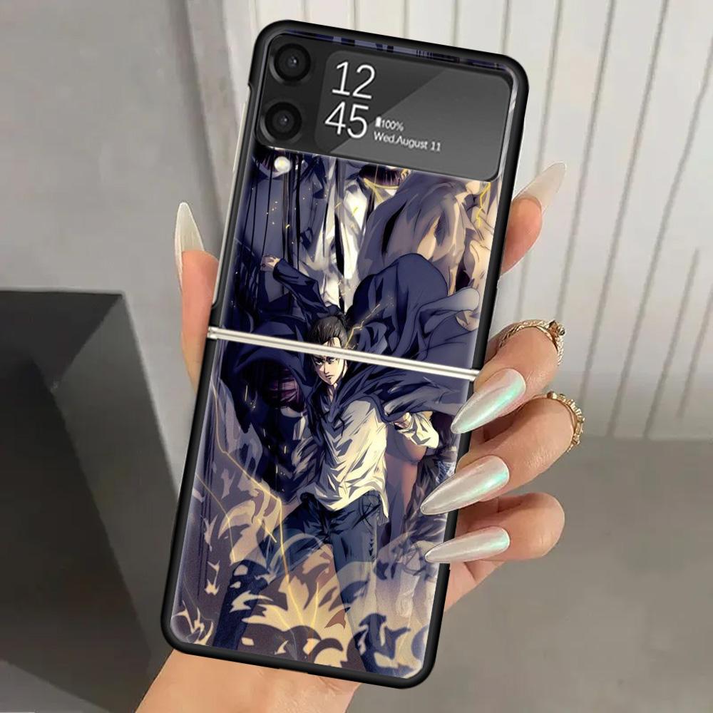 Attack Anime Hard PC Phone Case For Samsung Galaxy Z Flip 7 6 5 4 3 Black ZFlip7 ZFlip6 Flip5 Flip4 Flip3 5G Print Cover Galaxy