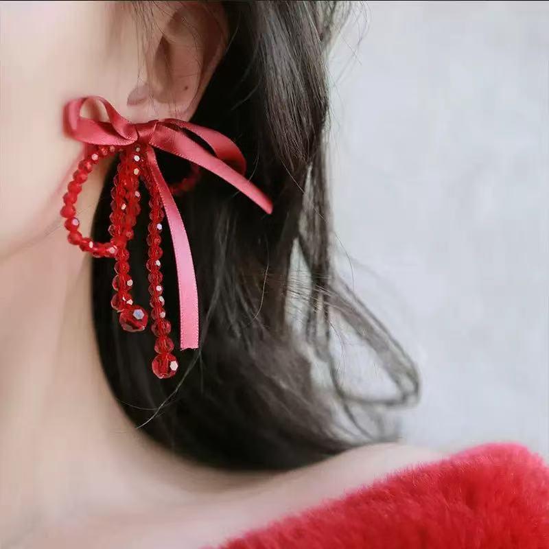 Unique Lucky Red Ribbon Knot Tassel Earrings Long Drop Statement Dangle Earrings for Women Daily Outfit Jewelry