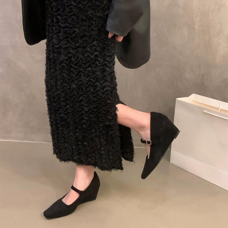 Wedge heel retro suede Mary Jane single shoes women's shoes spring and autumn new summer skirt evening high heels