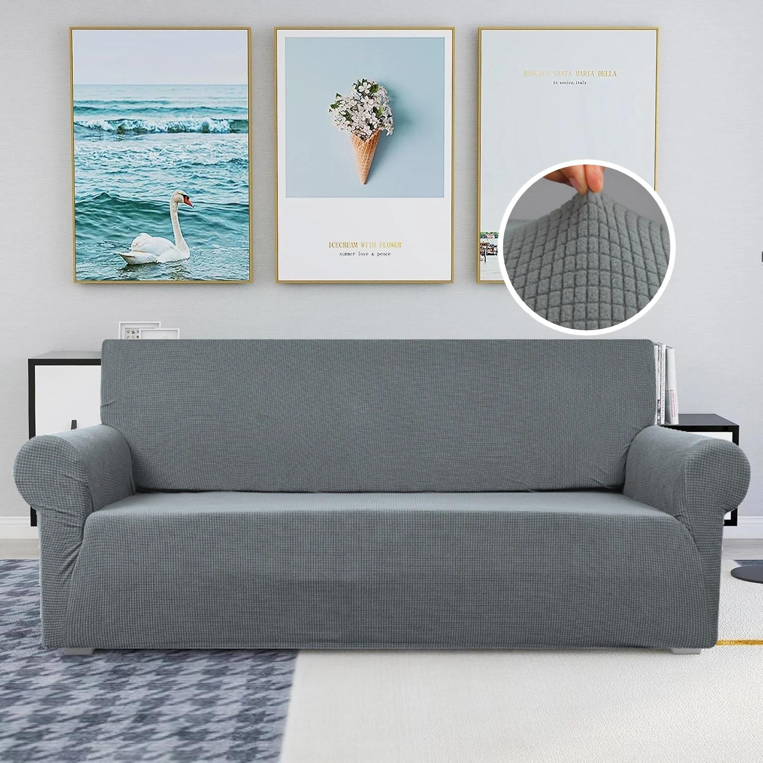 Super Stretch Couch Cover for 1234 Seater Couch Sofa Living Room Jacquard Spandex Furniture Protector Dog Pet Friendly Fitted 1seat 90-140cm светло-серый 7730₽