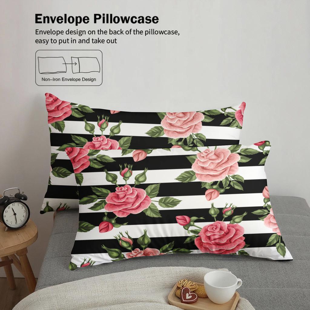 3pcs Rose Flower Bedding Sets 3D Printed Red Roses Black White Stripes Duvet Cover Sets With Pillowcases No Filling
