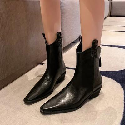 Moda 2024 Jesień/zima Damskie Botki Skóra Naturalna Western Damskie Buty Szpiczasty Nosek Gruba Pięta Botki Chelsea Retro Botki do Kostki