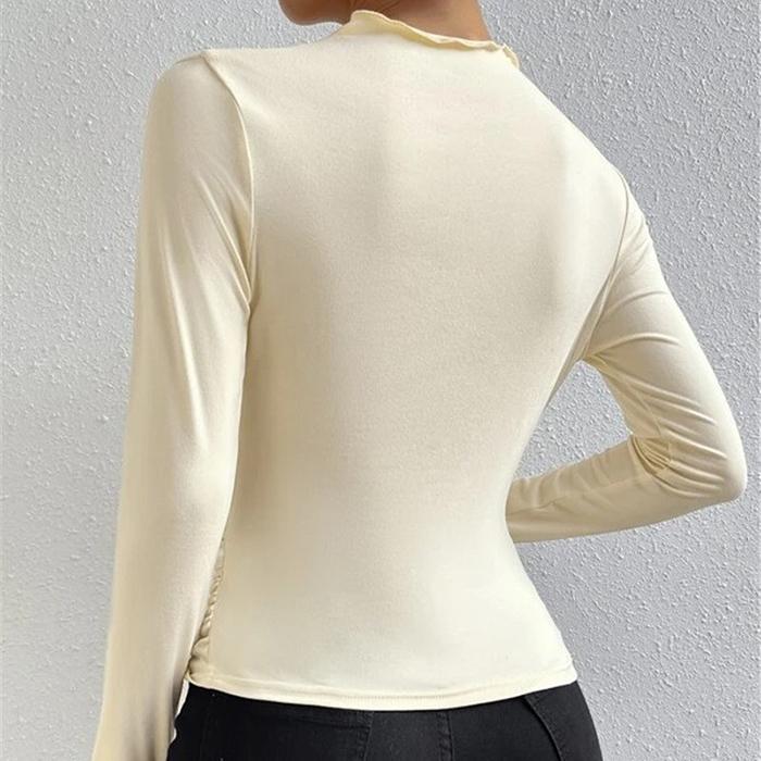 Ladies Spring Autumn Long Sleeve O Neck Solid Color Pleated Bodycon Pullover Casual T Shirt Top