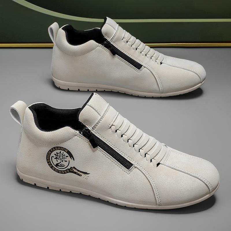 

New autumn and winter lazy shoes side zipper leather sneakers Hong Kong style youth soft-soled shoes men 48 бежевий